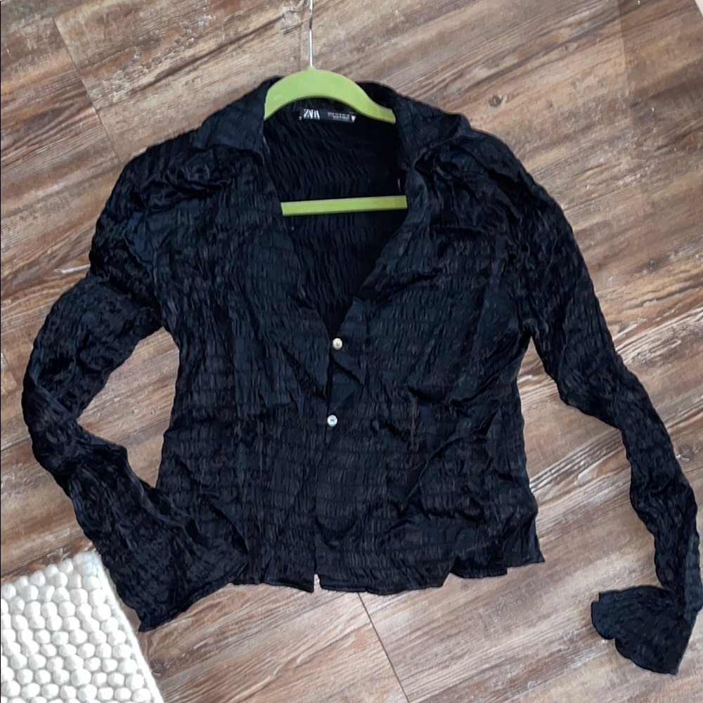 Zara Black Ruched Button Down Shirt with Notched Collar